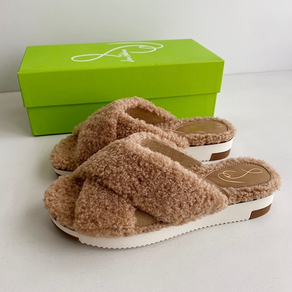 ✨New SAM EDELMAN Alice Faux Fur Slide Sandals Camel Shearling 7.5M - Picture 4 of 8